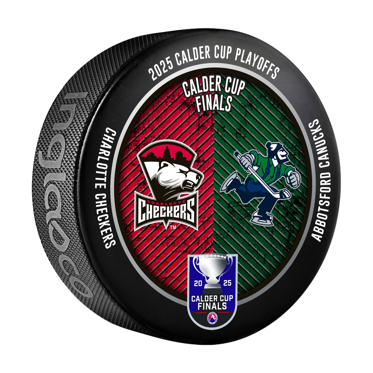 Charlotte Checkers vs Abbotsford Canucks 2025 Calder Cup Finals Dueling Souvenir Puck