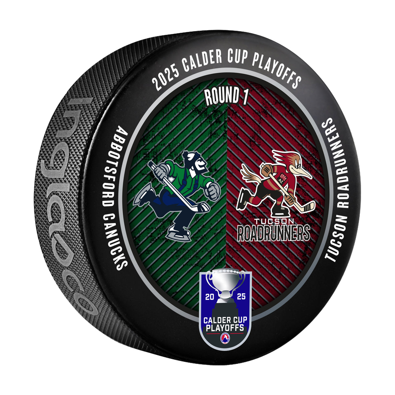 Abbotsford Canucks vs Tucson Roadrunners 2025 Calder Cup Playoffs Dueling Souvenir Puck
