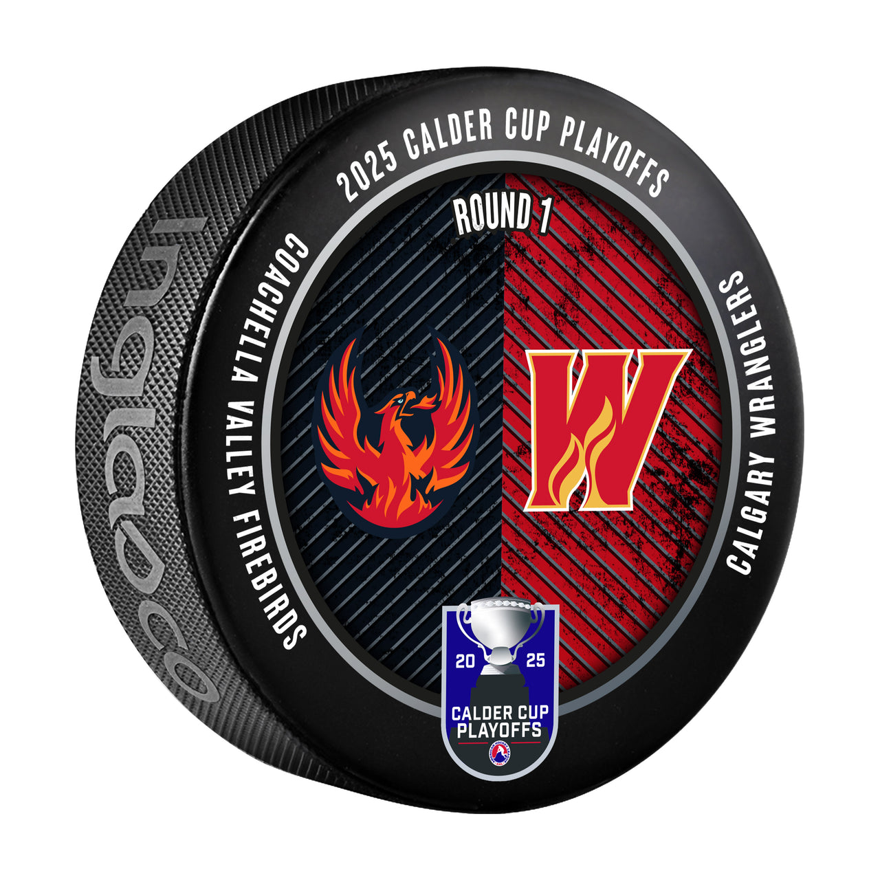 Calgary Wranglers vs Coachella Valley Firebirds 2025 Calder Cup Playoffs Dueling Souvenir Puck