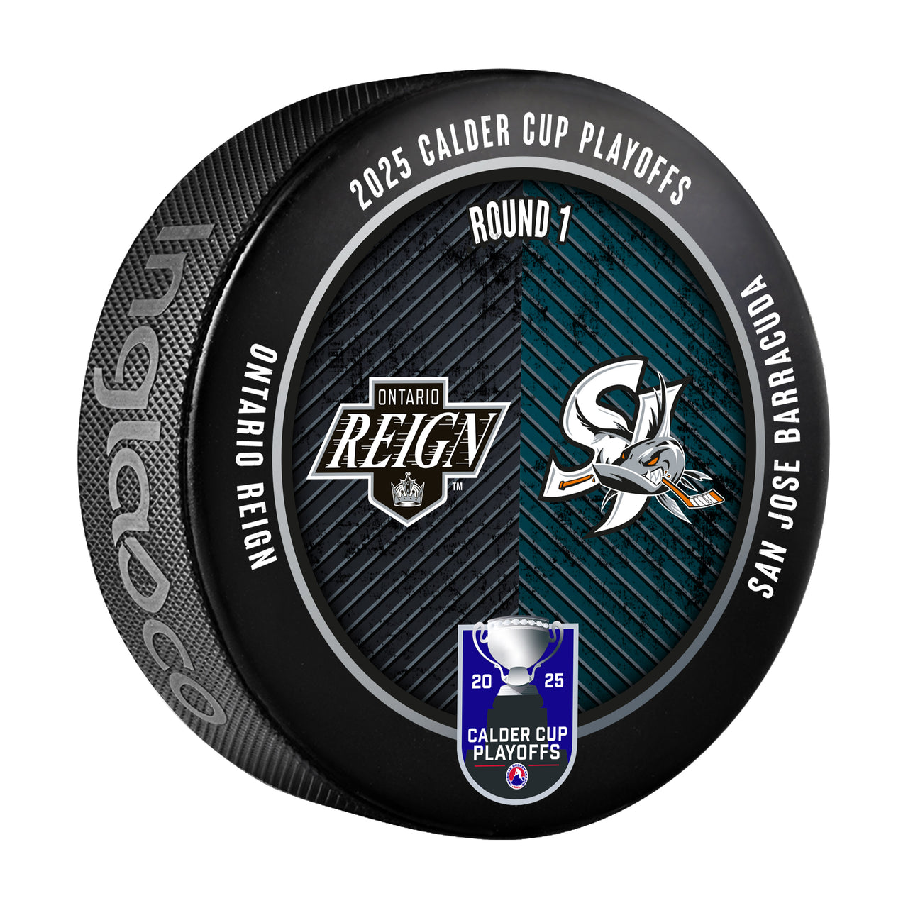 Ontario Reign vs San Jose Barracuda 2025 Calder Cup Playoffs Dueling Souvenir Puck